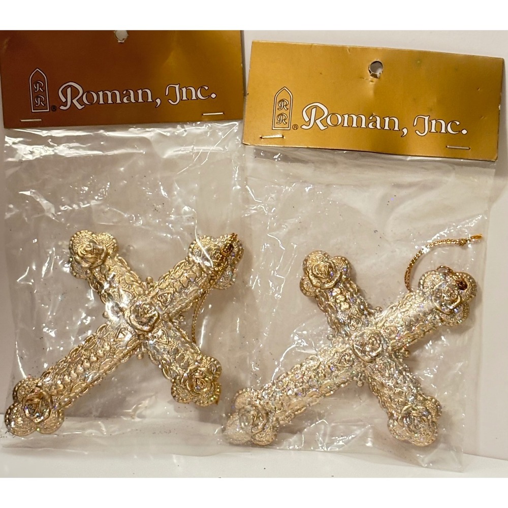 Vintage 1980s Roman Inc Gold Glitter Rose Heart Cross Ornaments Set of 2